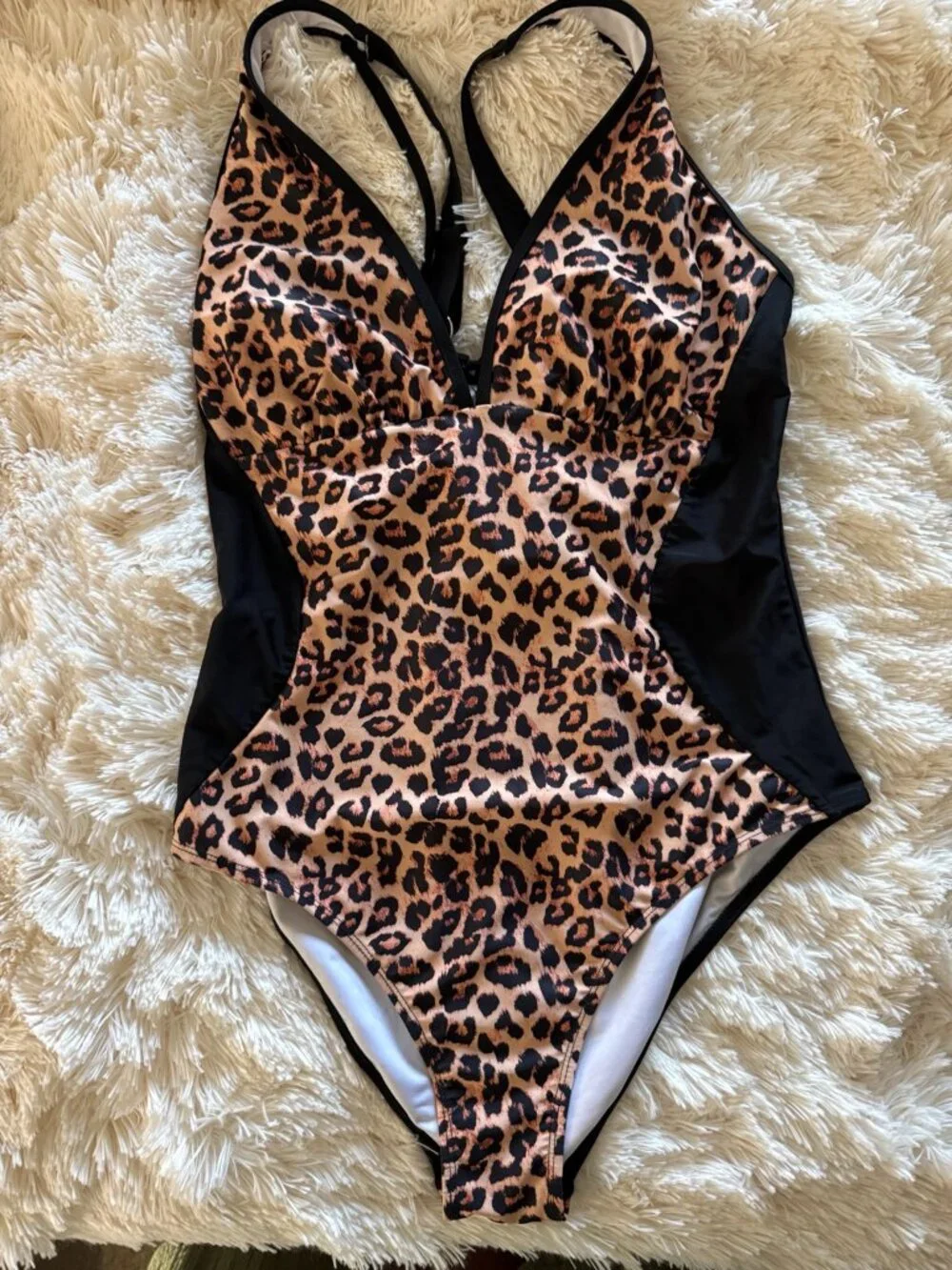 Leopard & Black Lace Up One Piece Swimsuit XL NWOT
